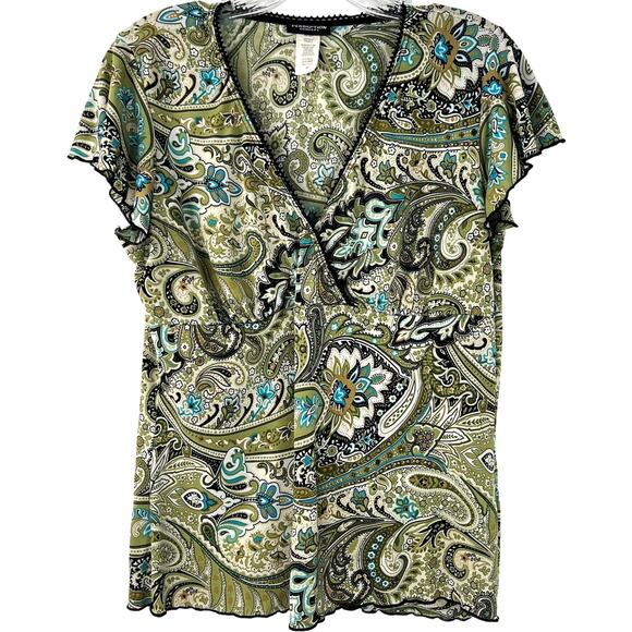 Perseption Concept Vintage Women's Y2K Top Green/Blue Paisley Print Boho Size M - Picture 1 of 13